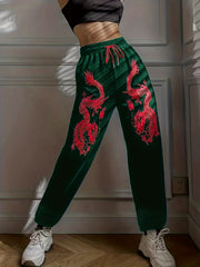 Dragon Print Drawstring Waist Sweatpants for Women