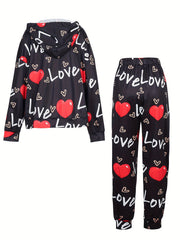 Letter & Heart Print Hoodie & Joggers Set