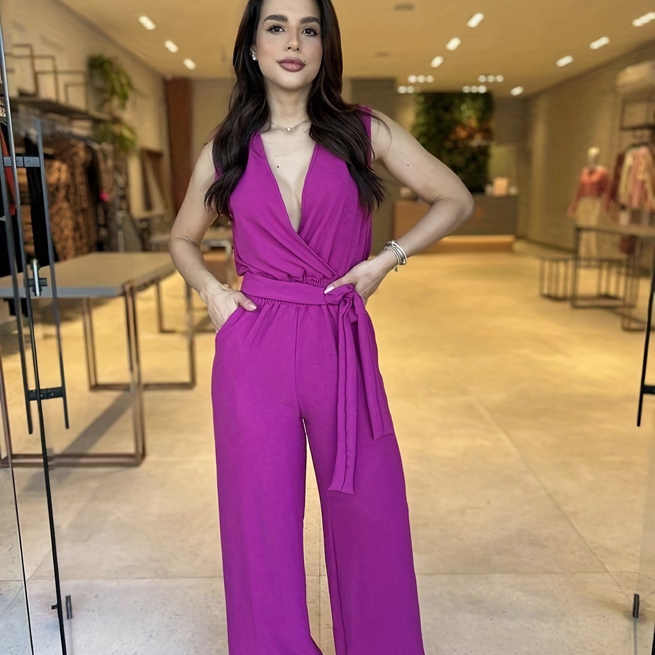 Surplice Neck Sleeveless Shirred Jumpsuit Solid Belted Waist Wide Leg Jumpsuit