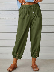Solid Drawstring Cropped Pants Casual Elastic Waist Pants