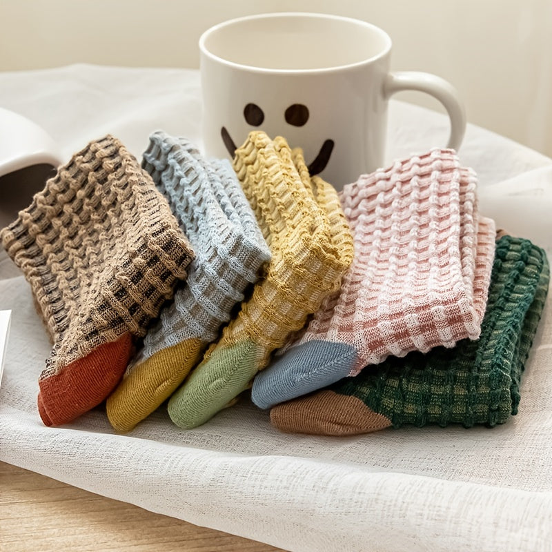 5 Pairs Plaid Textured Socks Comfy & Breathable Women's Stockings
