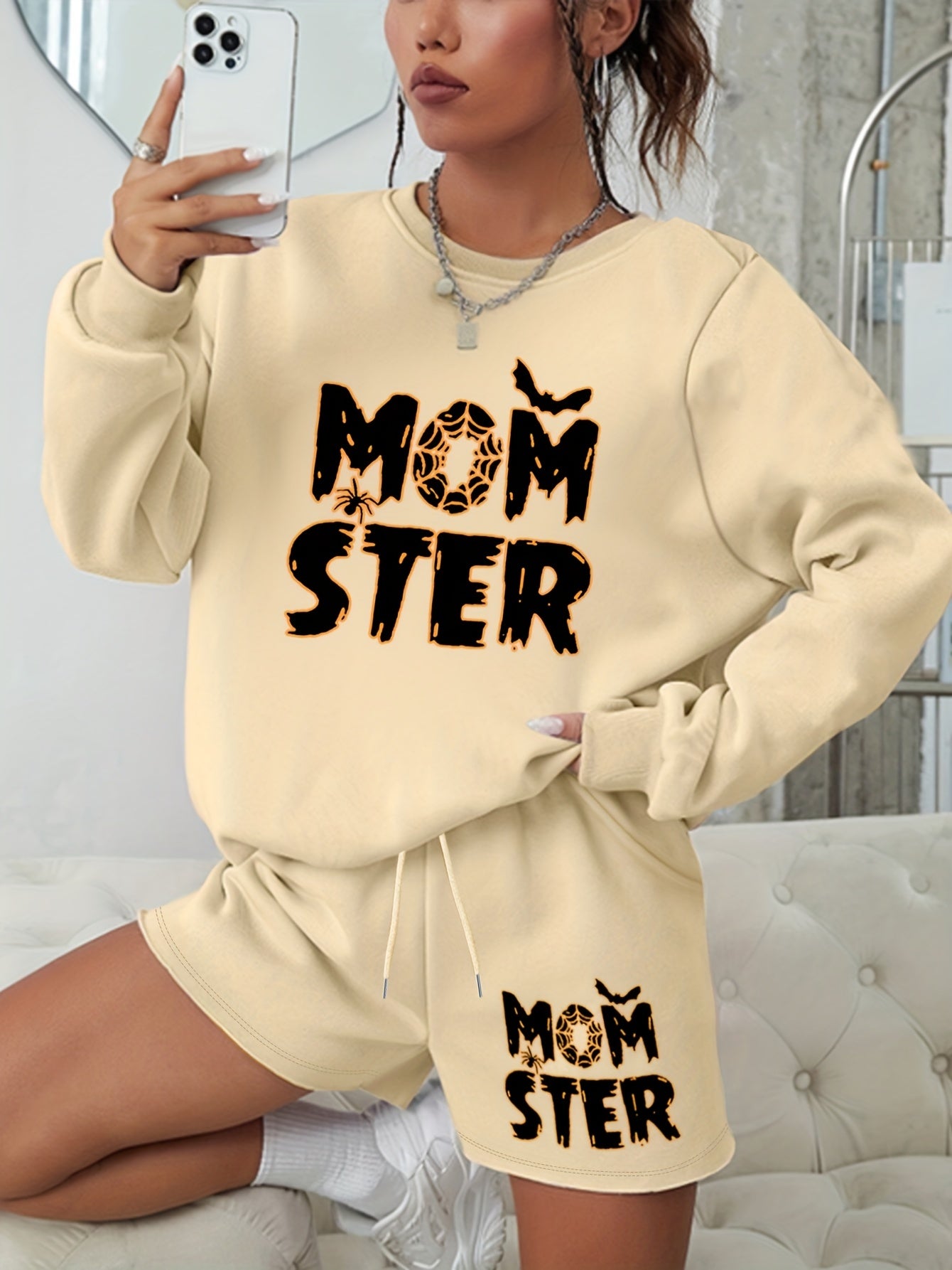Halloween 2pcs Set Graphic Sweatshirt & Shorts Outfit