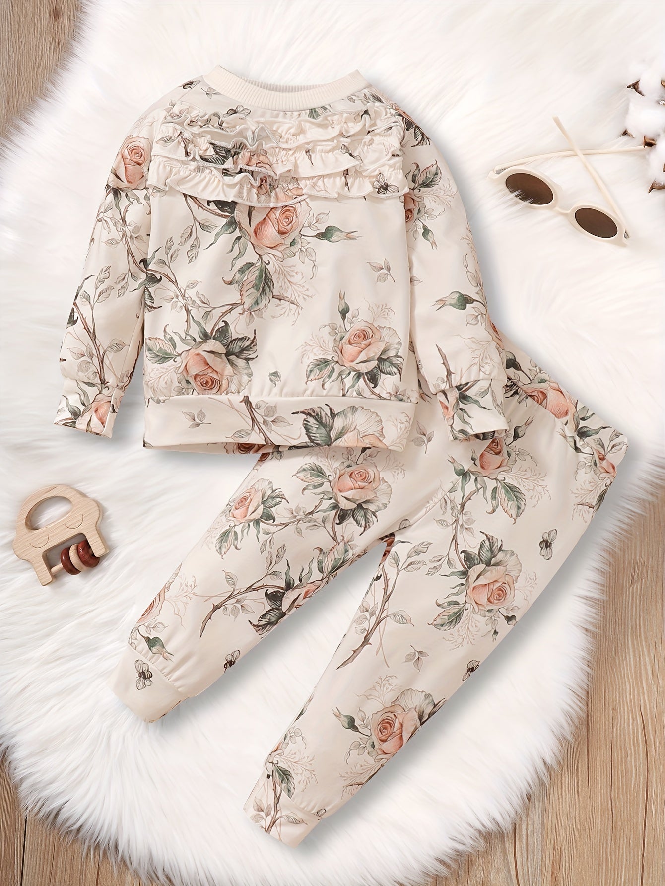 Baby Girl Boho Rose Flower Print Ruffle Top Pants Set