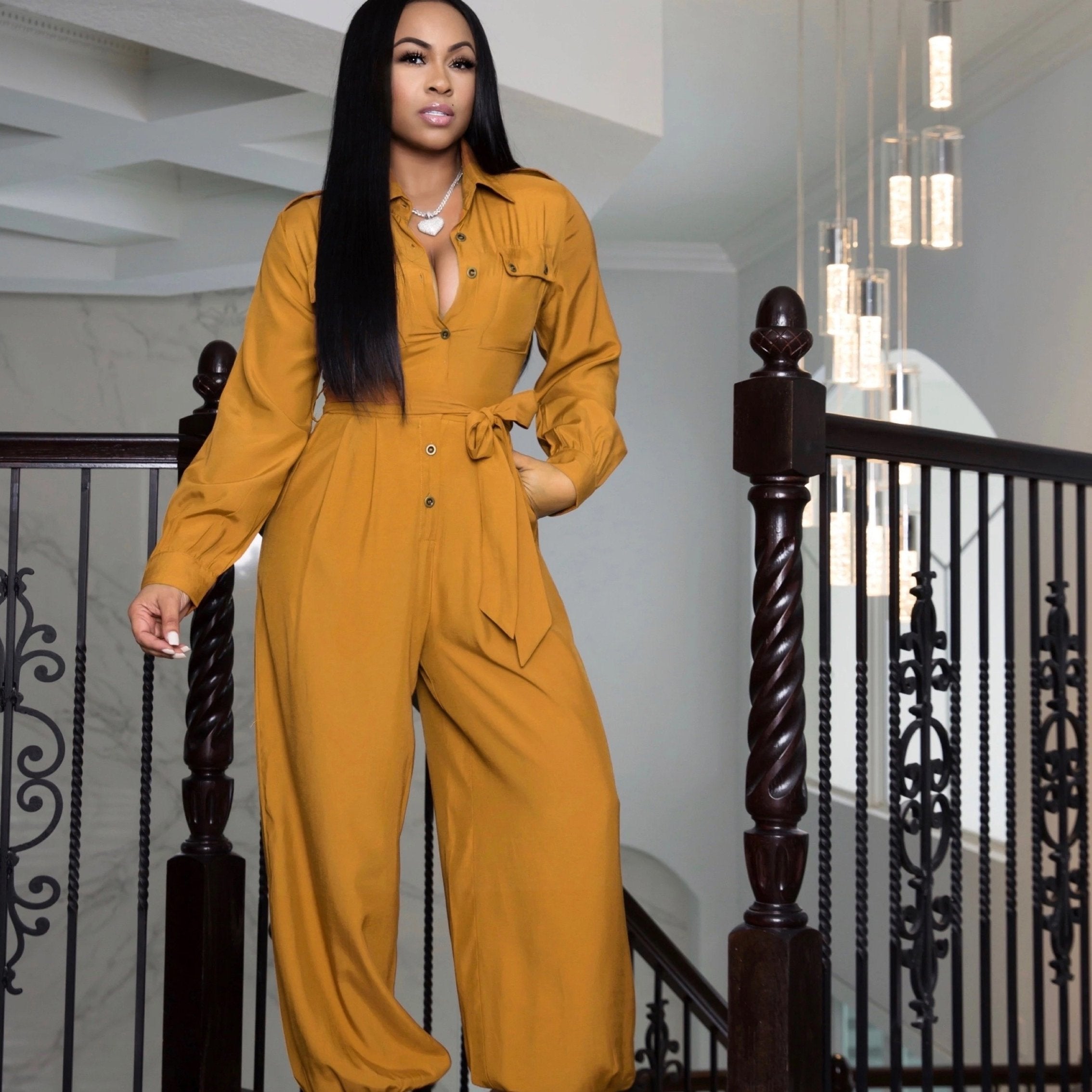 Solid Button Front Jumpsuit Long Sleeve Collared Women's Clothing