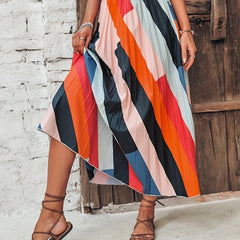 Striped Pleated Maxi Skirt Vintage Elastic Waist Skirt