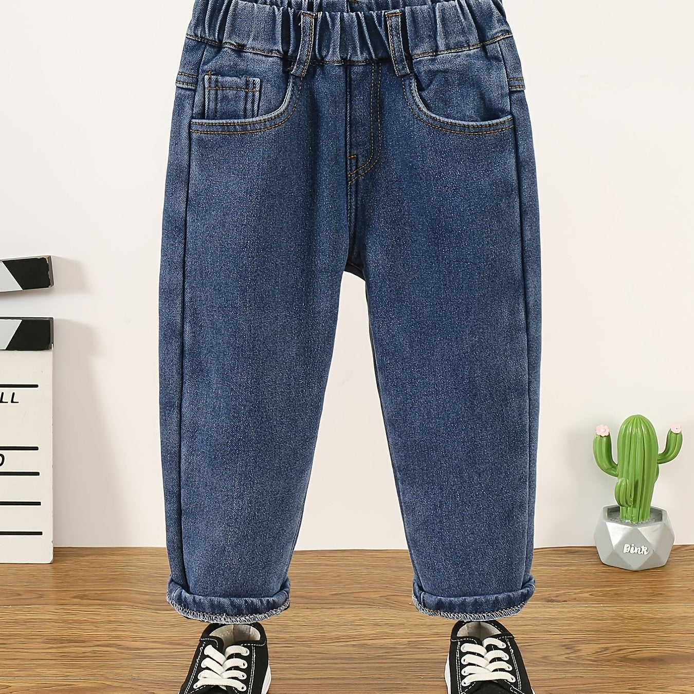 Girls Fleece Jeans Milk Tea Chips Embroidery Elastic Waist Denim Pants
