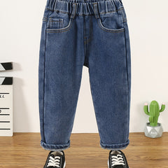 Girls Fleece Jeans Milk Tea Chips Embroidery Elastic Waist Denim Pants
