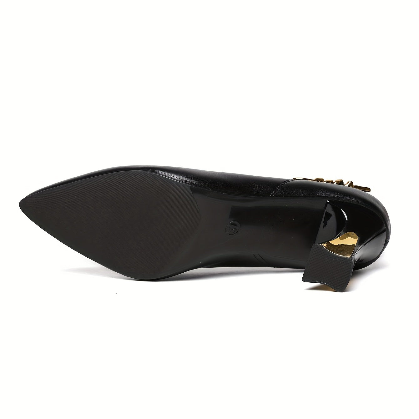 Women's Pointed Toe Court Pumps with Metal Buckle Slip On Chunky Heels