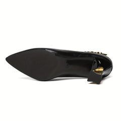 Women's Pointed Toe Court Pumps with Metal Buckle Slip On Chunky Heels