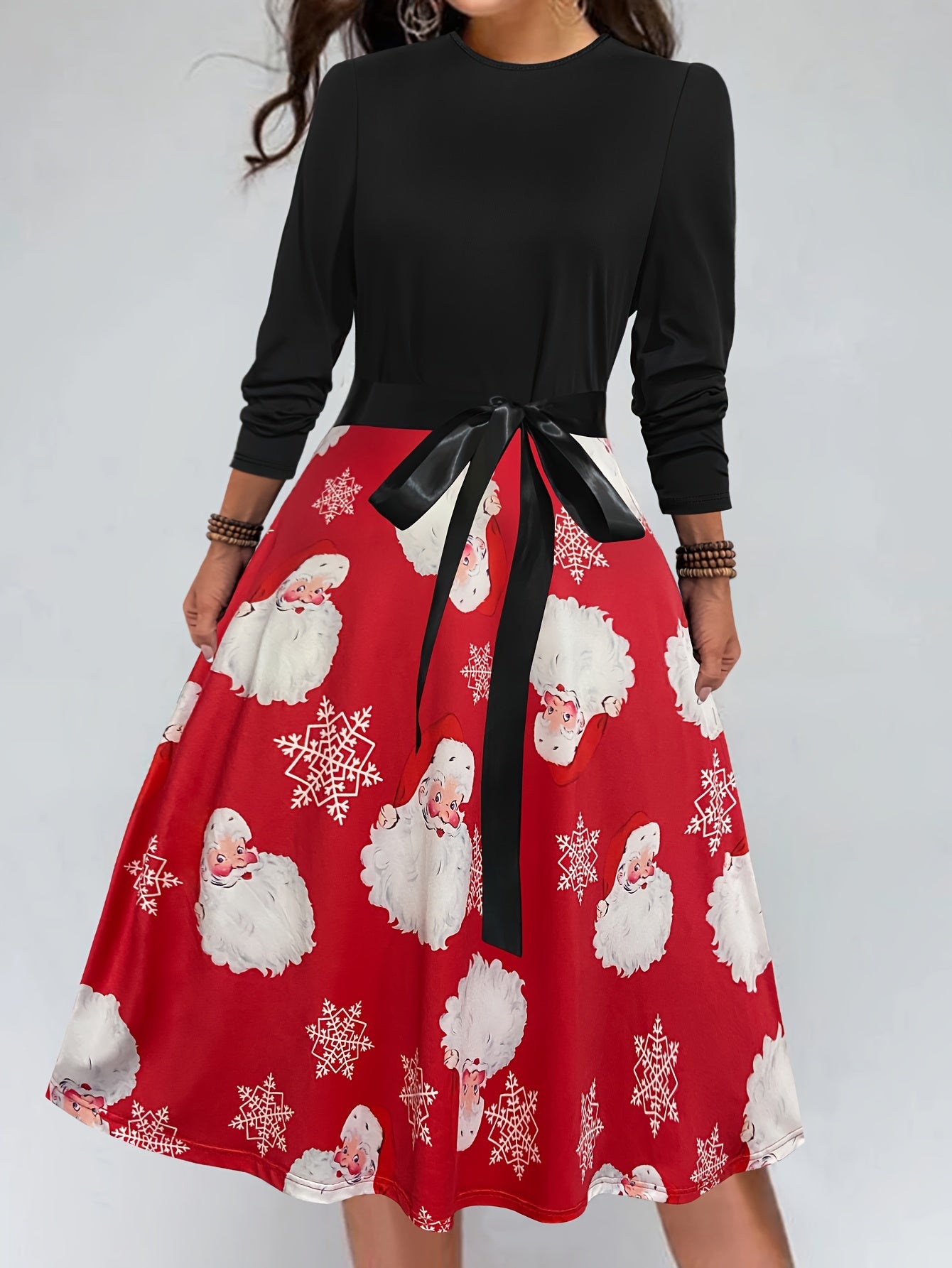 Colorblock Santa Claus Print Long Sleeve Dress