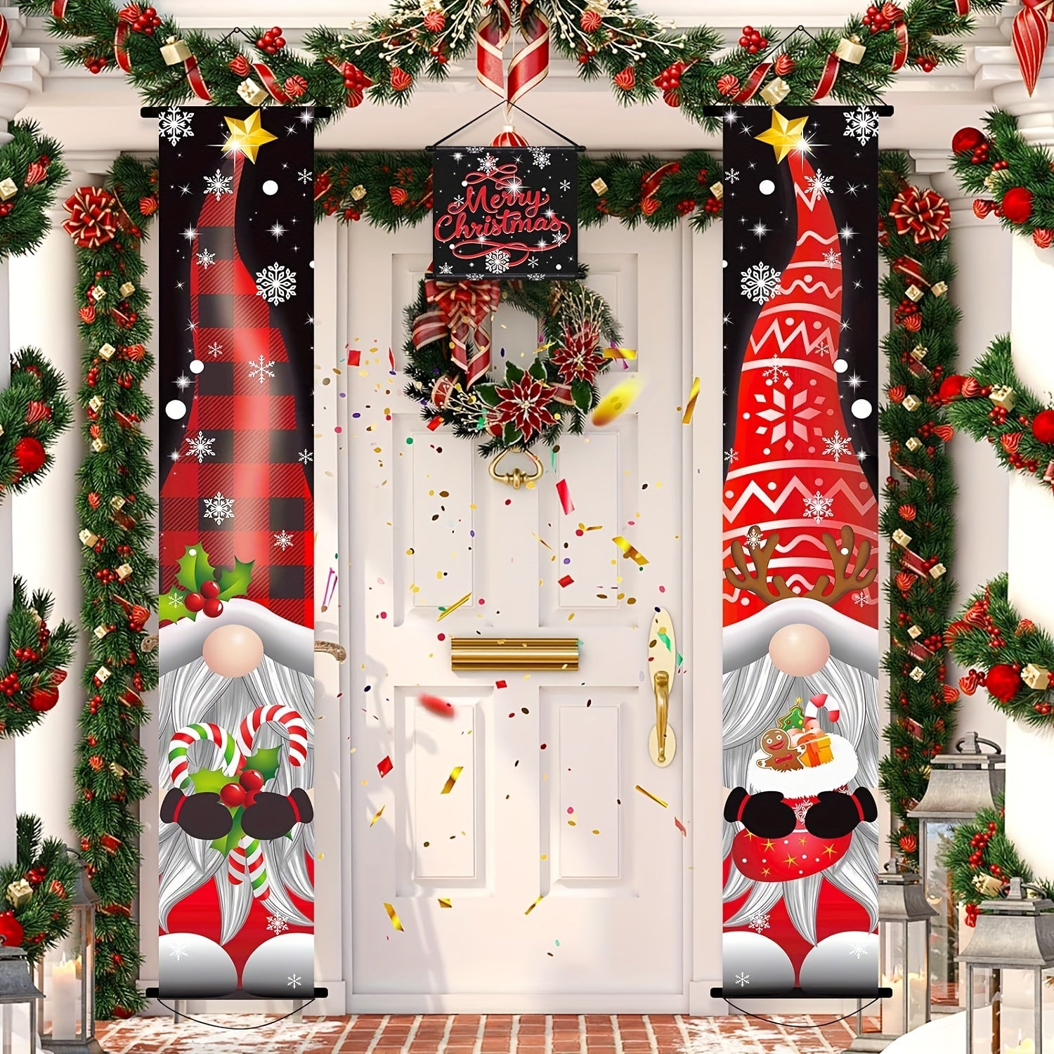 Christmas Hanging Banner Porch Sign Santa Claus Christmas Tree Gift Banner