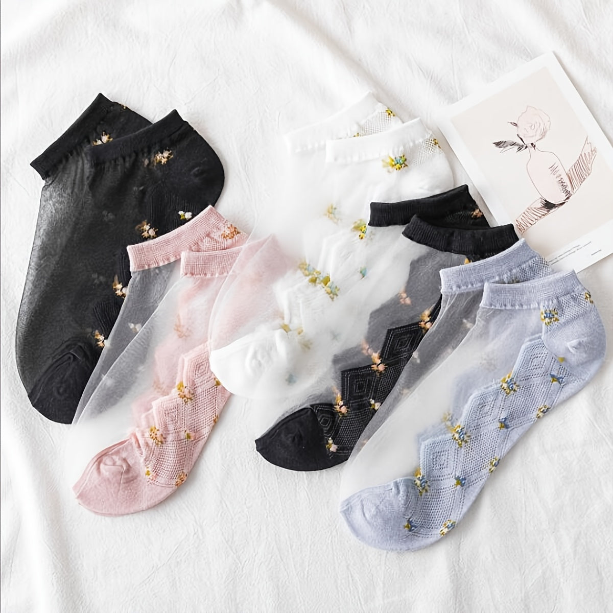 5 Pairs Pink Floral Low Cut Ankle Socks Women's Stockings Hosiery