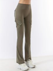 Solid Yoga Flared Pants Pockets Stretchy Running High Waist Sports Bootcut