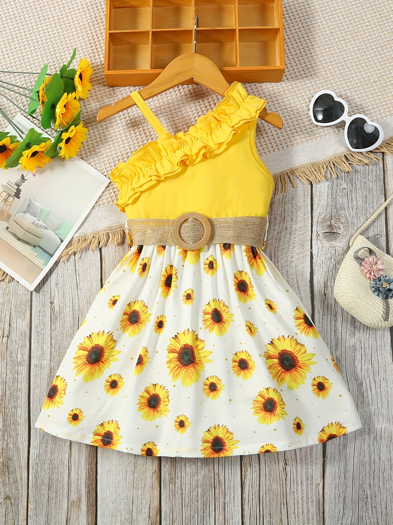 Toddler Girls Ruffle Trim Sunflower Dress Belted Princess Dress