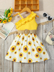 Toddler Girls Ruffle Trim Sunflower Dress Belted Princess Dress