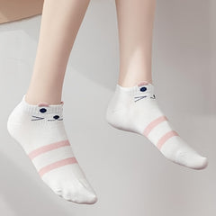 5 Pairs Pink Cat Print Short Socks Soft Lightweight Low Cut Ankle Socks