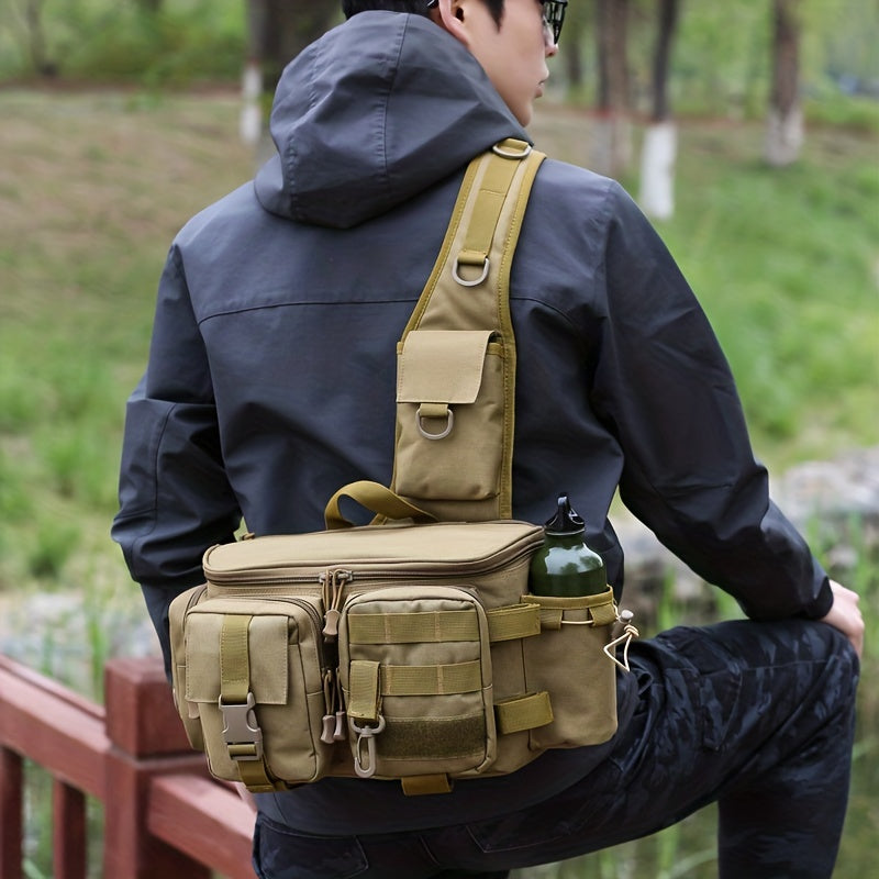Portable Fishing Tackle Bag with Rod Holder 600D Nylon Sling Pack