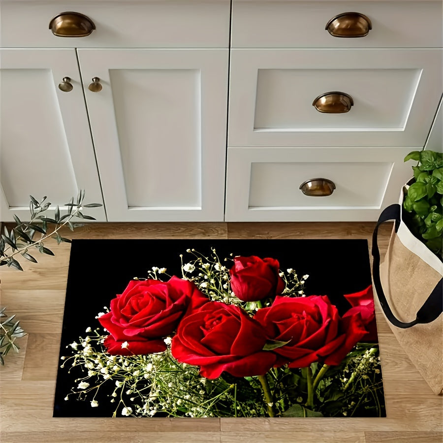 Rose Flower Pattern Carpet Washable Durable Rug for Year Decor