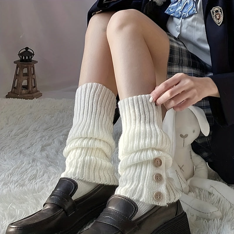 Ribbed Leg Warmers Buttons Decor Socks Women's Stockings
