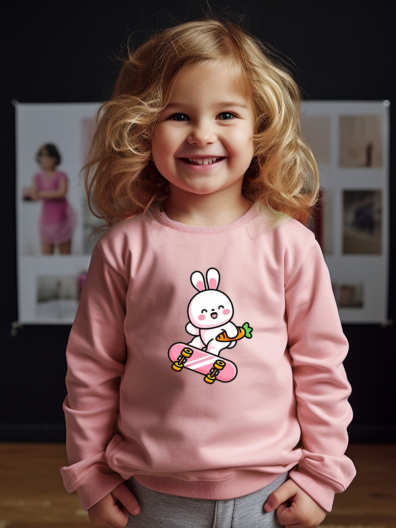 Girls Rabbit Pattern Crew Neck Long Sleeve Sweatshirt