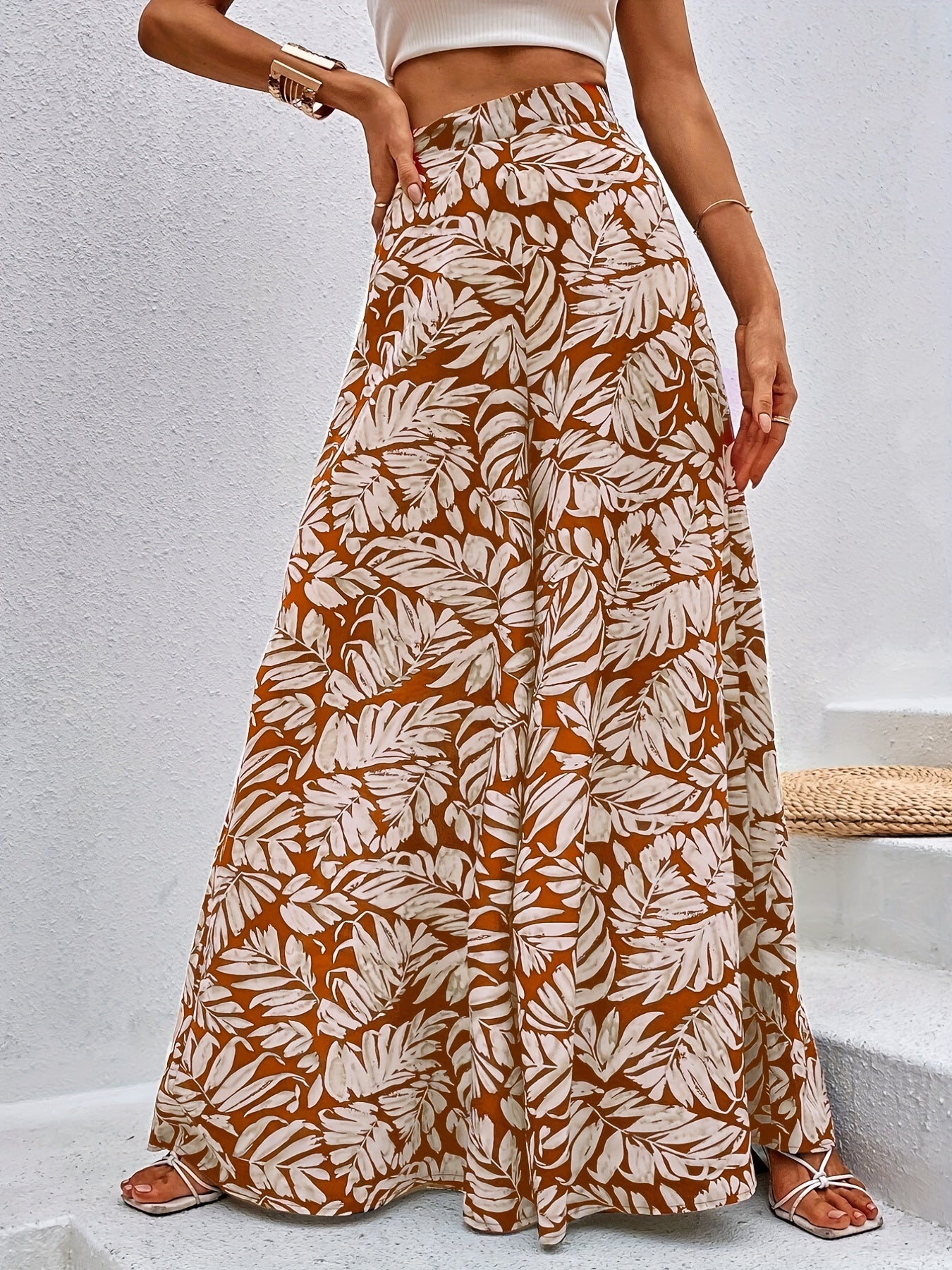 Boho Plants Print High Waist Wide Leg Pants