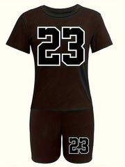 Number Print Short Sleeve Tee & Biker Shorts Pajama Set