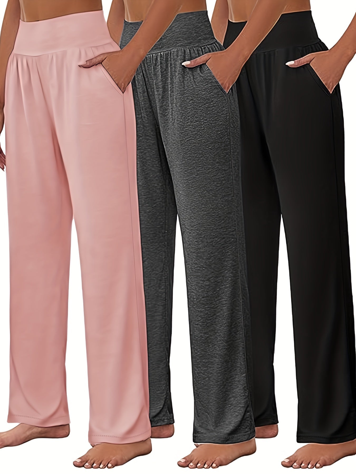 3 Pack Plus Size Sports Pants High Rise Wide Leg Trousers With Pockets