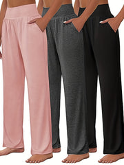 3 Pack Plus Size Sports Pants High Rise Wide Leg Trousers With Pockets
