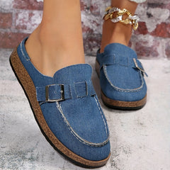 Women's Denim Cork Mules Closed Toe Canvas Flat Shoes