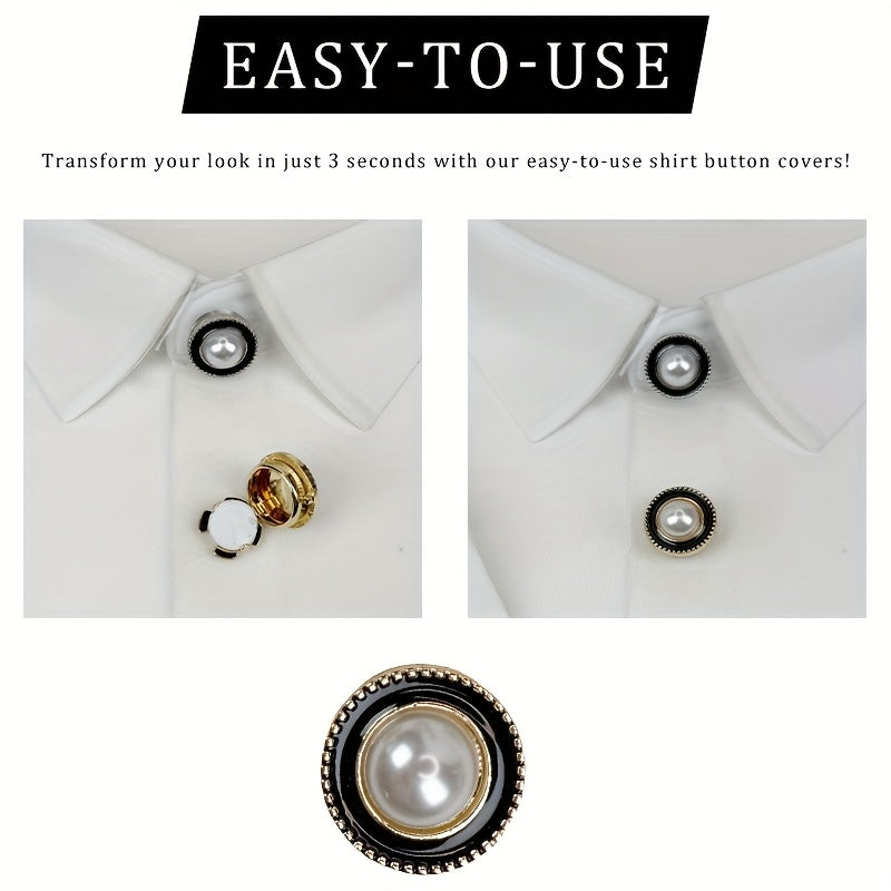 2pcs Round Shirt Button Covers with Pearl & Geometric Design