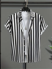 Striped Pattern Men's Short Sleeve Lapel Shirt