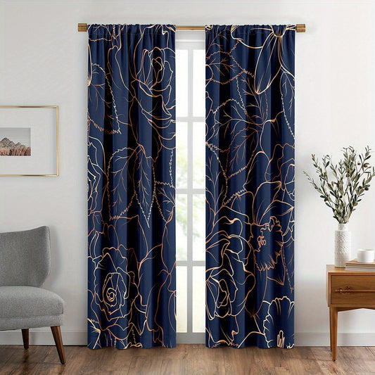 2pcs Golden Flowers and Leaves Floral Foliage Curtains for Home Decor