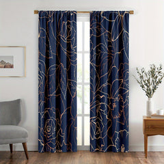 2pcs Golden Flowers and Leaves Floral Foliage Curtains for Home Decor