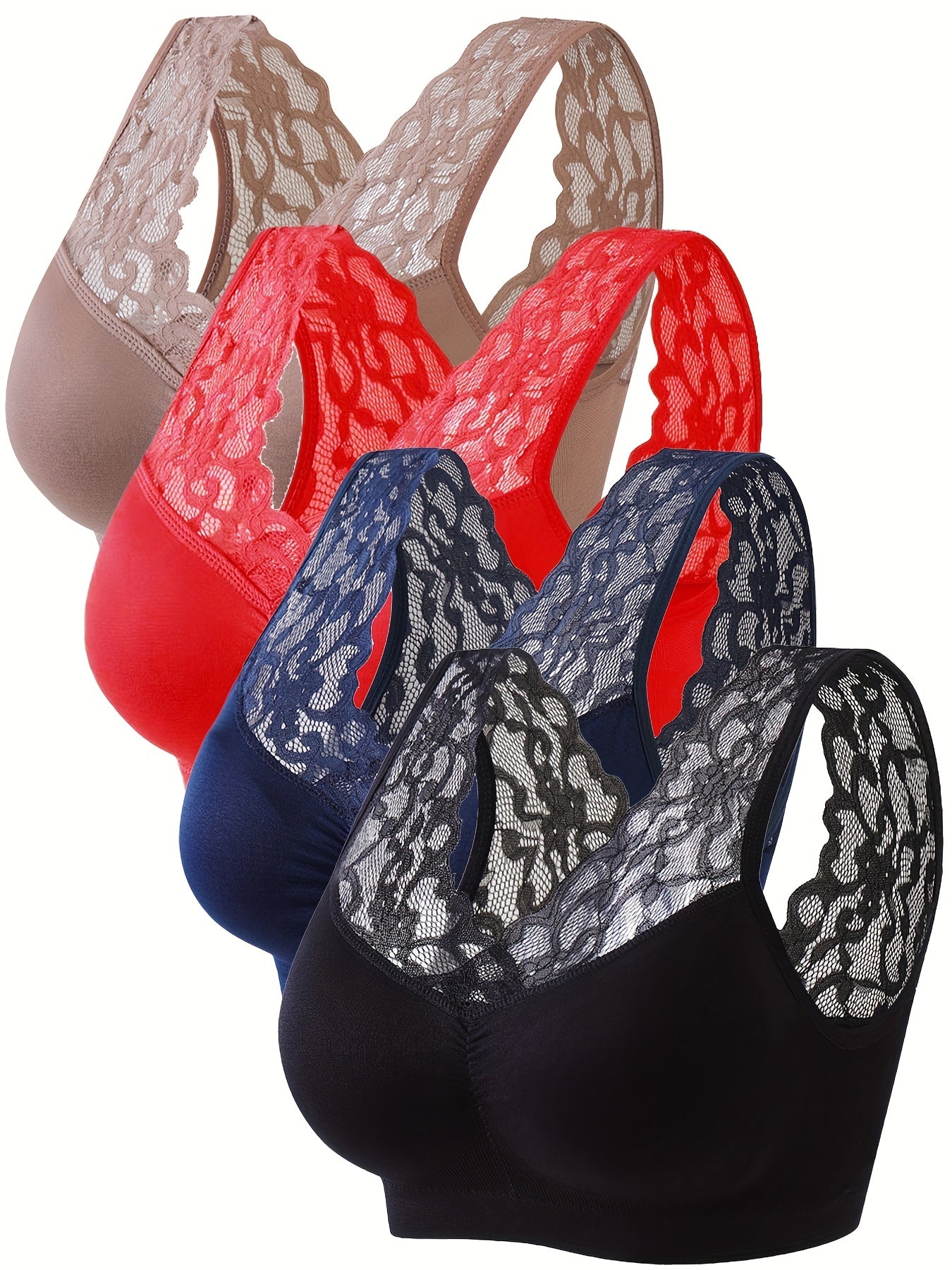 4 Pack Plus Size Lace Sports Bra Set Wide Straps Breathable Yoga Bra