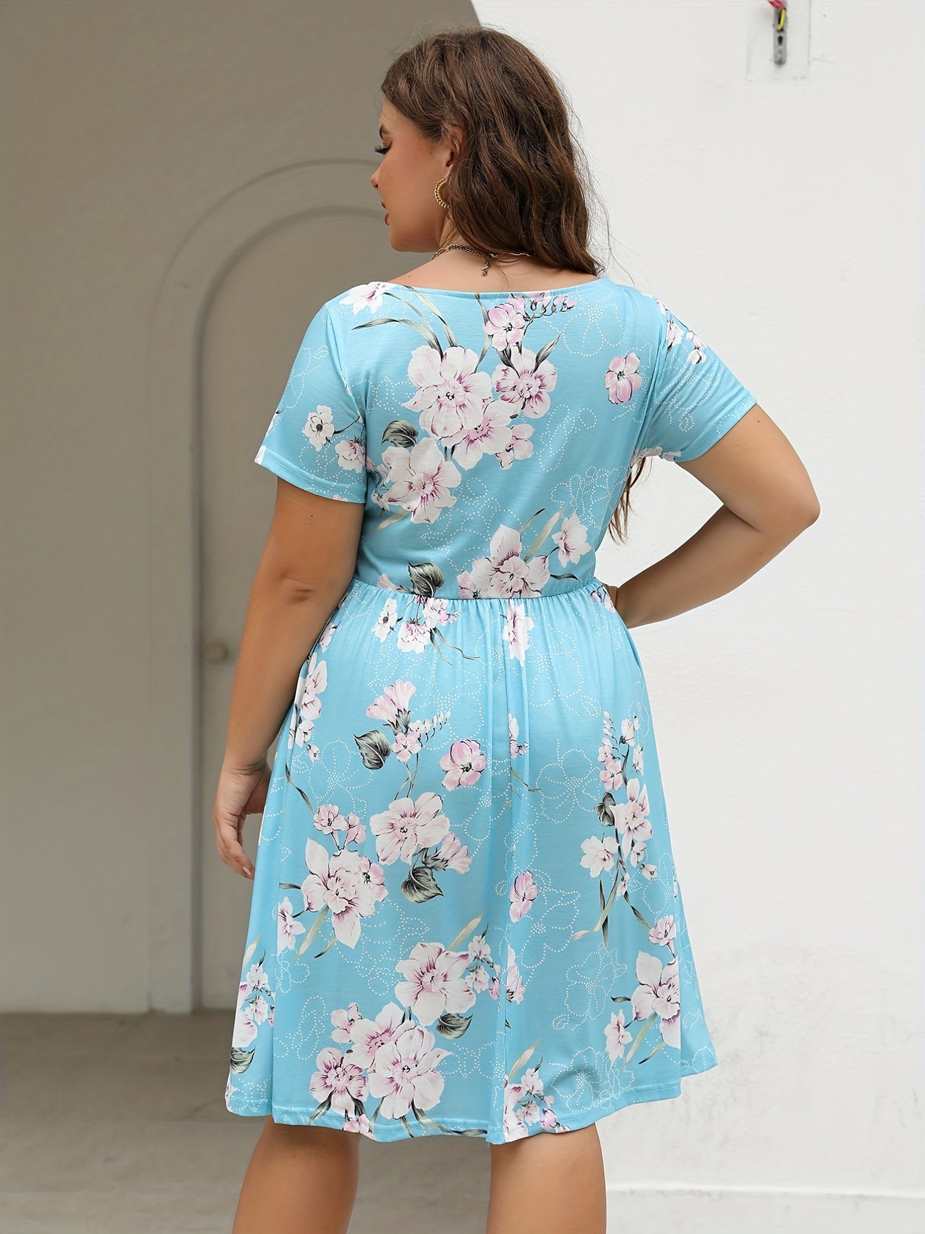 Casual Dress Women's Plus Floral Print Short Sleeve Round Neck Dress