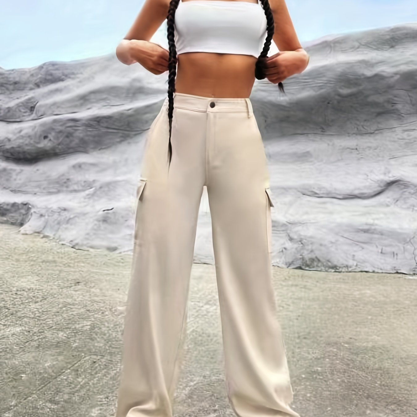 Flap Pockets Wide Leg Pants For Women