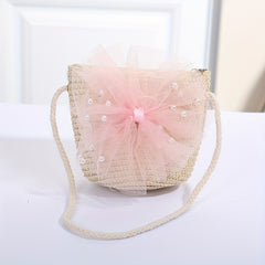 Bow Decor Zipper Coin Purse Key Bag Straw Woven Crossbody Bag