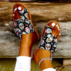Women's Skull Pattern Bowknot Sandals Slip On Open Toe Flat Non slip Comfy Shoes