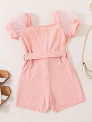 Girls Mesh Heart Puff Sleeve Romper Square Neck Jumpsuit