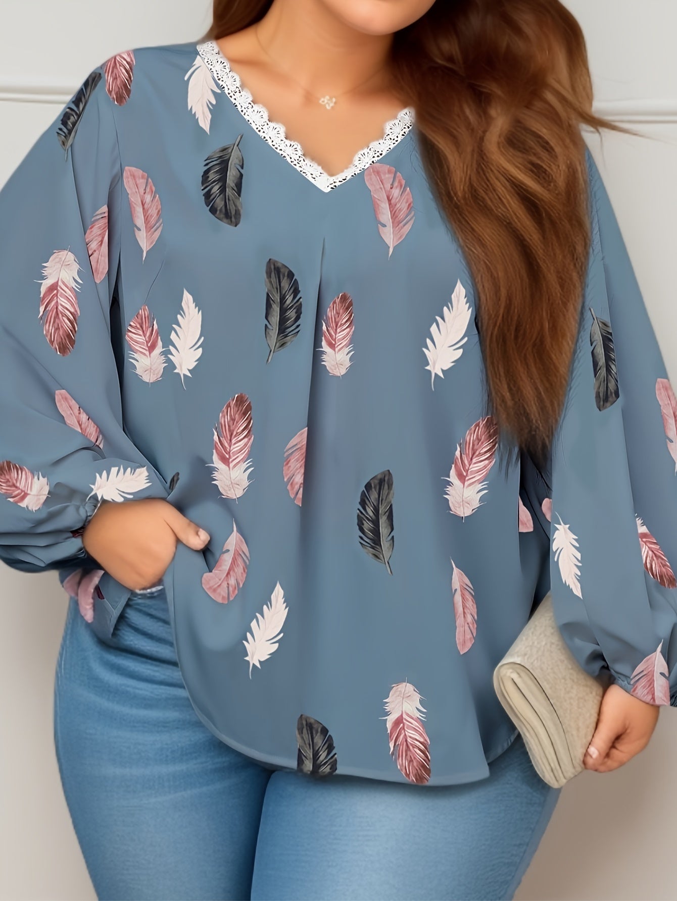 Feather Print Lace Trim Lantern Sleeve V Neck Blouse