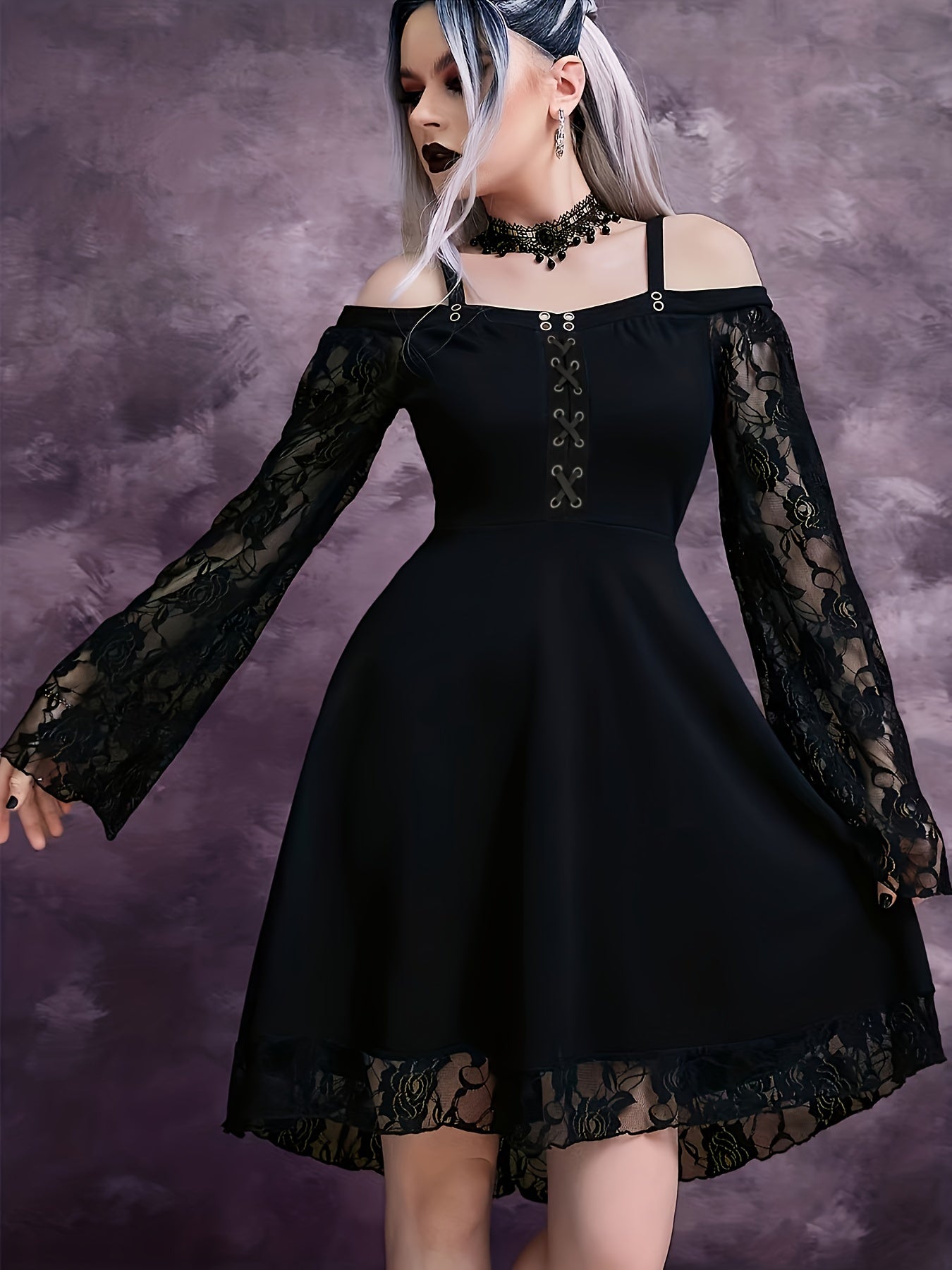 Gothic Dress Contrast Lace Grommet Lace Up Cold Shoulder