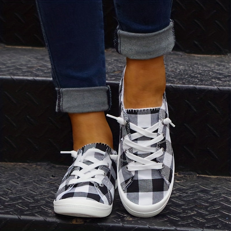 Women's Plaid Canvas Shoes Lace Up Flat Sneakers Lightweight Low Top