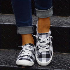 Women's Plaid Canvas Shoes Lace Up Flat Sneakers Lightweight Low Top
