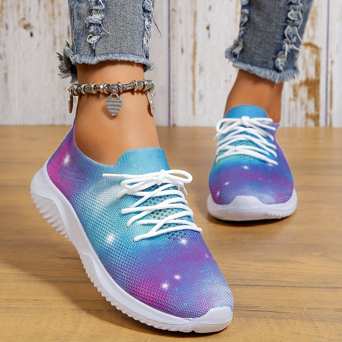 Women's Starry Sky Lace up Mesh Sneakers Lightweight Running Shoes