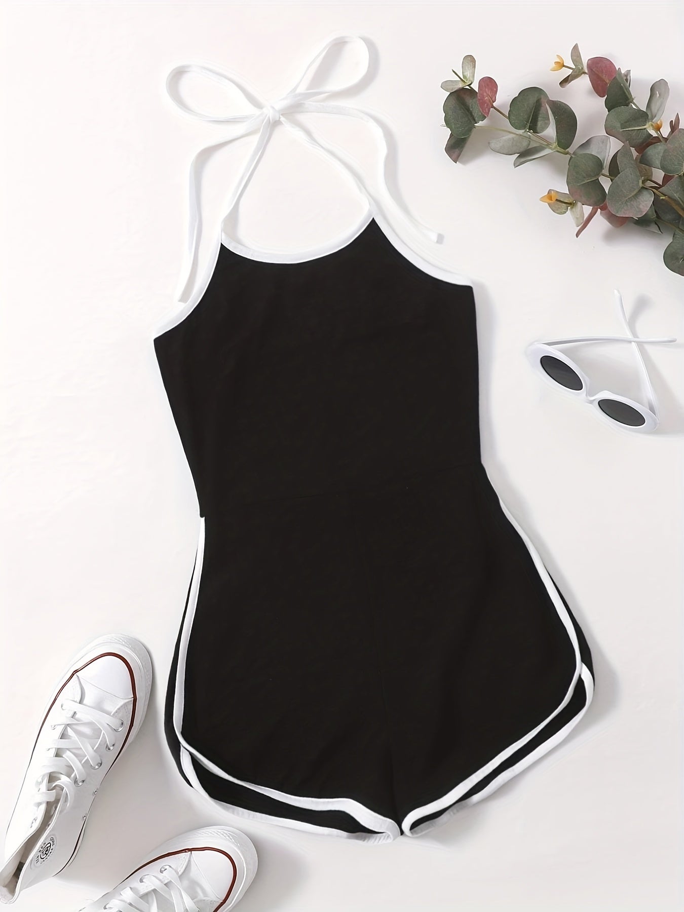 Block Halter Neck Romper Casual Bodycon Wide Leg