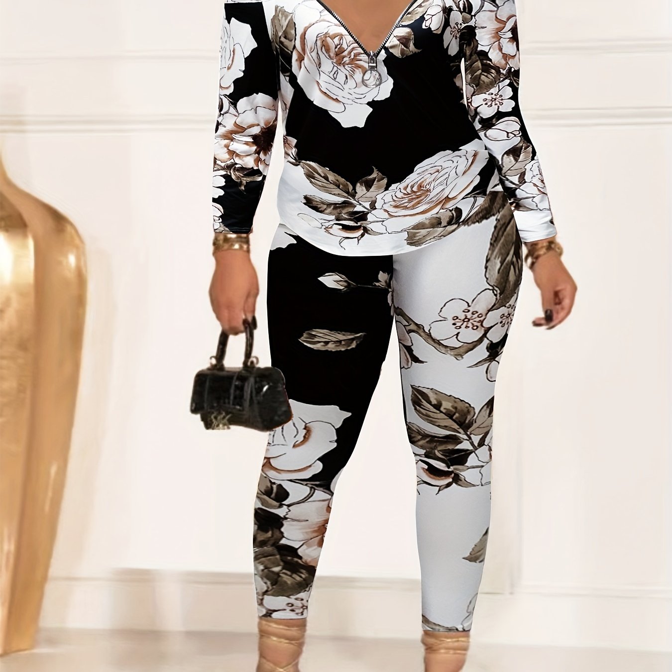 Floral Print 2pc Set Cold Shoulder Tops & Leggings Outfit