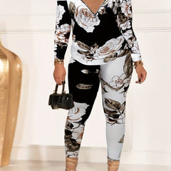 Floral Print 2pc Set Cold Shoulder Tops & Leggings Outfit