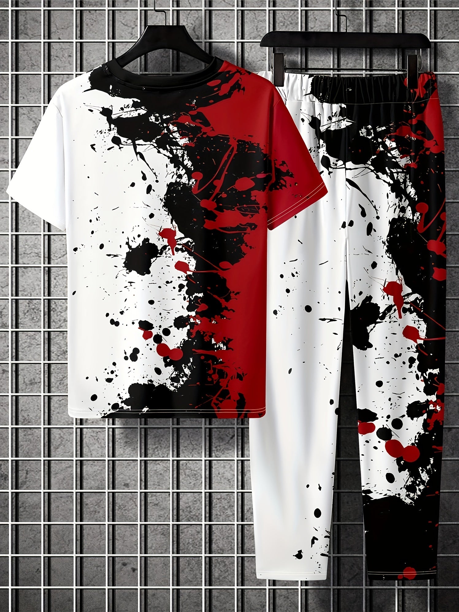 Colorful Paint Pattern 2 Piece Outfit Short Sleeve T-shirt & Drawstring Sweatpan