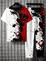 Colorful Paint Pattern 2 Piece Outfit Short Sleeve T-shirt & Drawstring Sweatpan