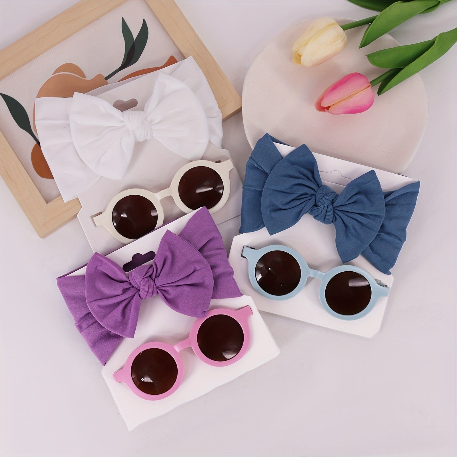2pcs Girls Hairband & Sunglasses Set Cute Bow Headband & Round UV Sunglasses